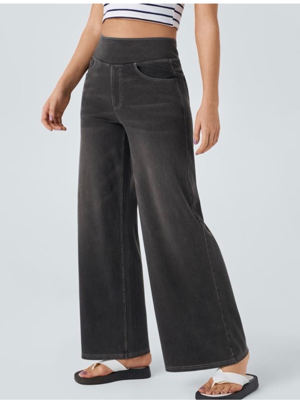 Halara Flex High Waisted Pockets Baggy Wide Leg Washed Casual Jeans